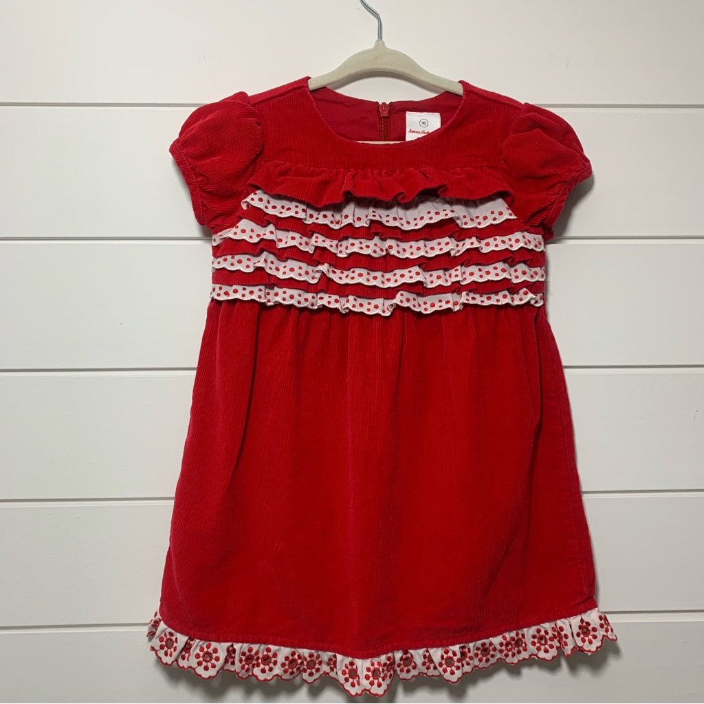 Hanna Andersson Dress Red Corduroy Short Sleeve W/ White Eyelet Lace 3 Years